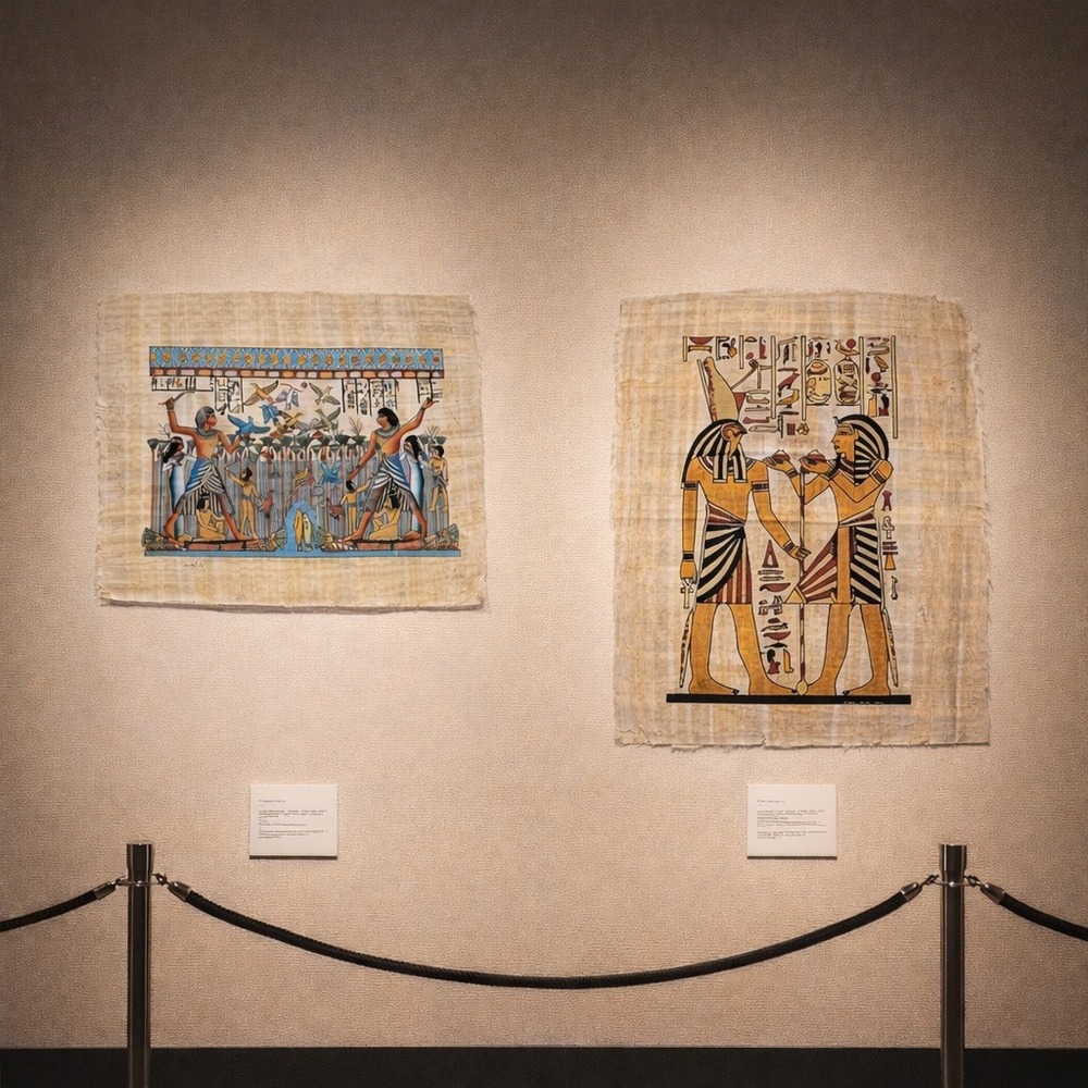 Vintage Hand Painted Egyptian Papyrus Art Set 2 Pieces Hieroglyphics Scenes